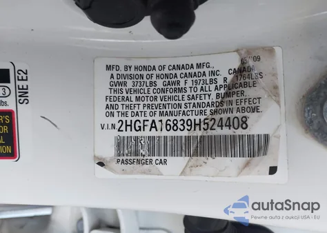 2009 Honda Civic Ex z USA, uszkodzony, nr VIN 2HGFA16839H524408